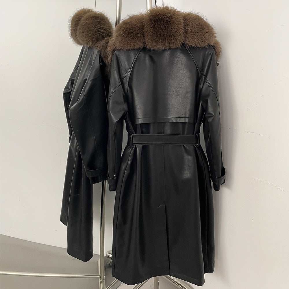 OFTBUY Long Faux Leather Jacket with Faux Fur Collar New Autumn Winter Clothes Women Fashion Belt Pocket Coat Female Streetwear