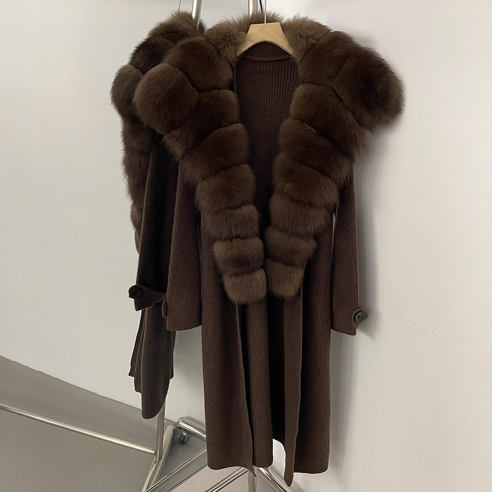 OFTBUY New Autumn Winter Knit Clothing Female Long Big Real Fox Fur Collar Sweater Women Warm Fashion Elegant Cardigan Coat