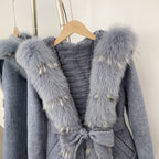 OFTBUY 100% Wool Coat with Real Fox Fur Trim & Rabbit Fur Lining