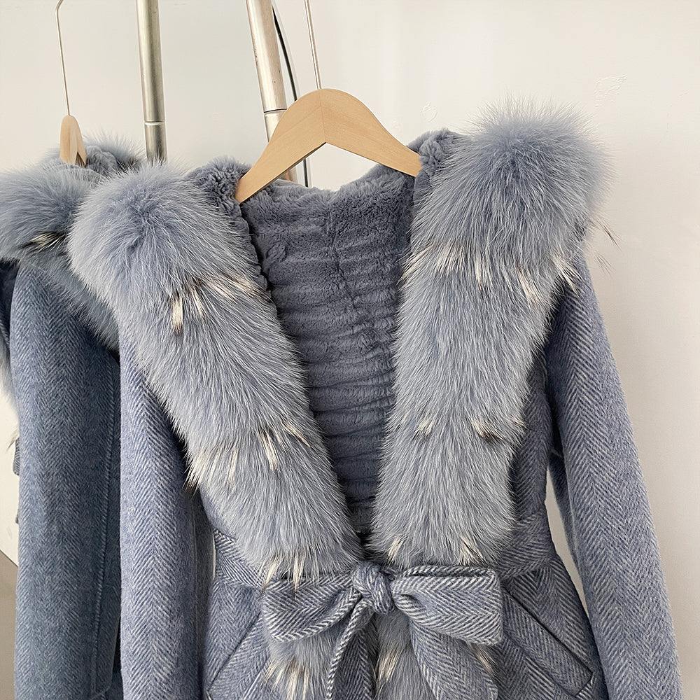 OFTBUY 100% Wool Coat with Real Fox Fur Trim & Rabbit Fur Lining