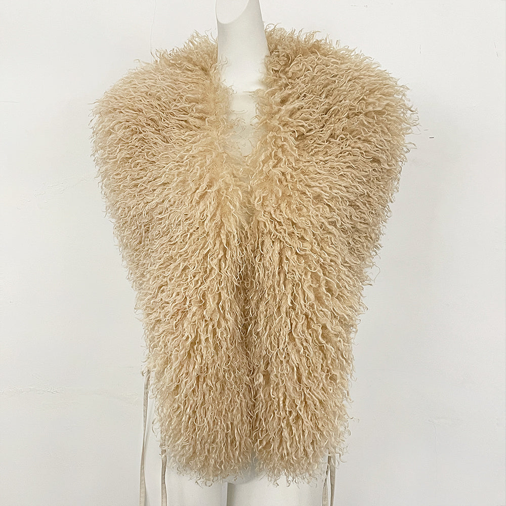 OFTBUY Women's Faux Mongolian Fur Vest Open Front Fluffy Faux Fur Waistcoat with Back Tie New Autumn Winter Outerwear Female