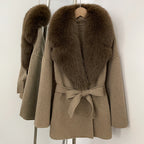 OFTBUY Belted Warm Winter Elegant Fashion Outerwear Lady New Women's Double-Faced Wool Coat with Large Real Fox Fur Collar Cuffs