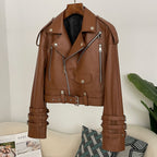 OFTBUY New Women's Genuine Leather Cropped Moto Jacket Crocodile Embossed Real Leather Biker Coat with Belt Punk Rock Outerwear