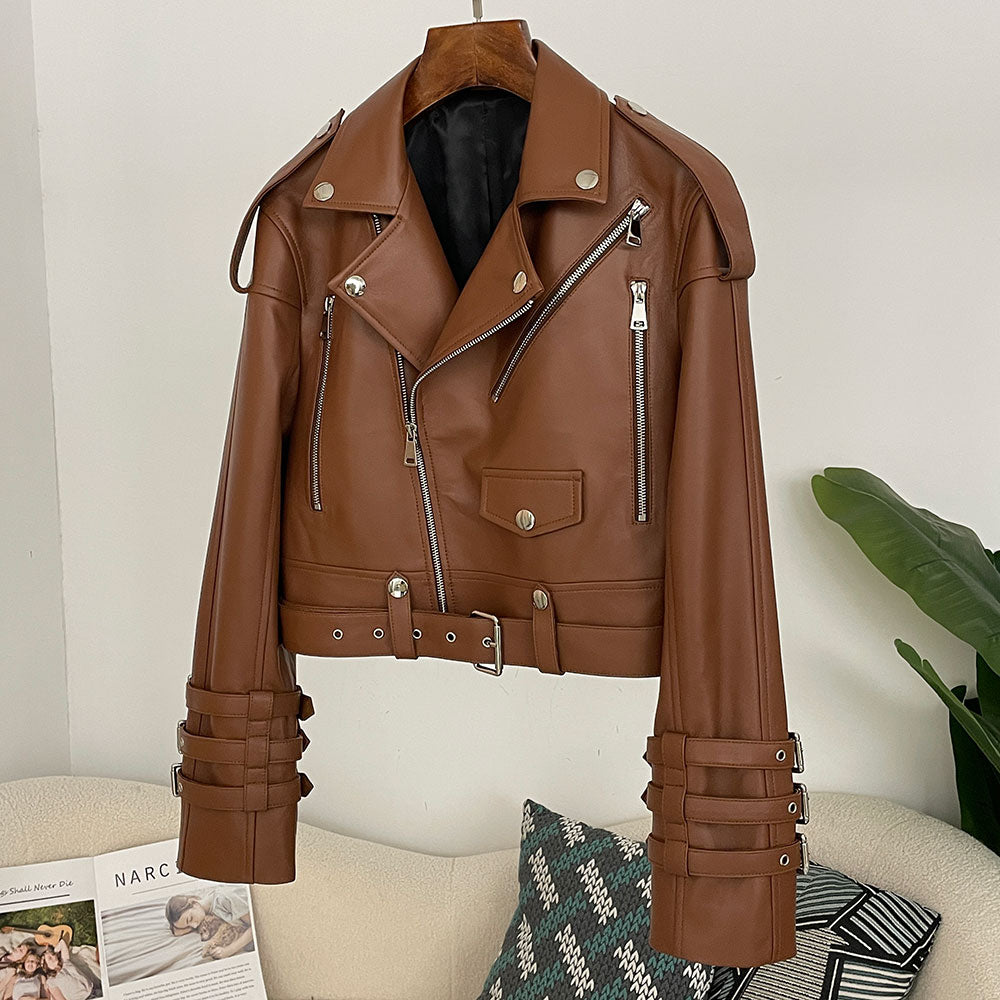 OFTBUY New Women's Genuine Leather Cropped Moto Jacket Crocodile Embossed Real Leather Biker Coat with Belt Punk Rock Outerwear