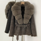 OFTBUY New Women's Suede Jacket with Real Fox Fur Collar Real Rabbit Fur Lining Coat Female Belted Warm Winter Luxury Outerwear