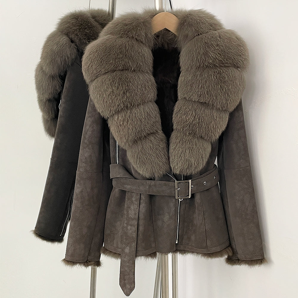 OFTBUY New Women's Suede Jacket with Real Fox Fur Collar Real Rabbit Fur Lining Coat Female Belted Warm Winter Luxury Outerwear