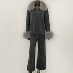 OFTBUY Loose Pants Warm Winter Elegant Casual Outfit Sweater Female New Women's Knit Two Piece Set with Real Fox Fur Collar
