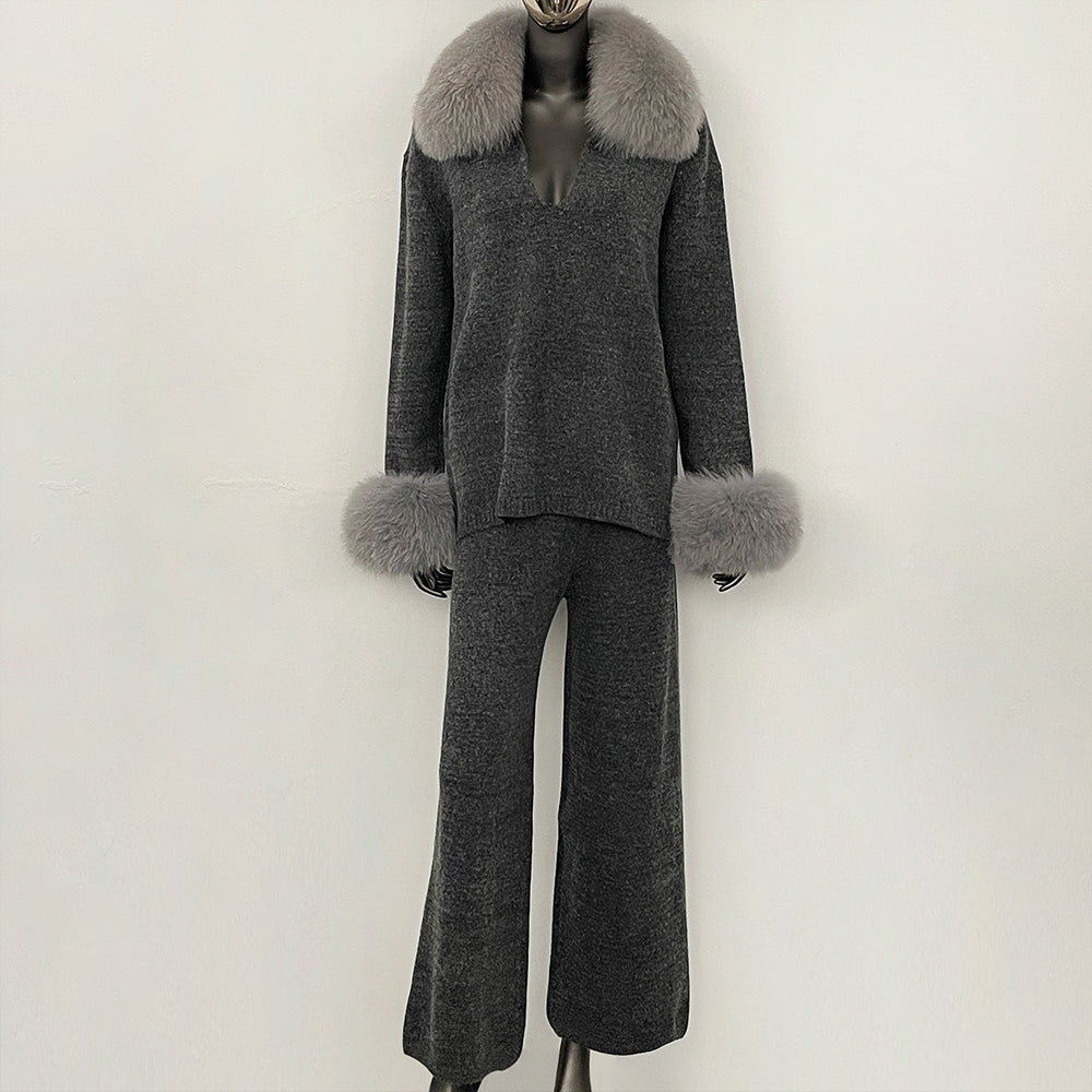 OFTBUY Loose Pants Warm Winter Elegant Casual Outfit Sweater Female New Women's Knit Two Piece Set with Real Fox Fur Collar