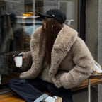 Chic silver-grey faux fur jacket for a modern urban winter look