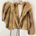OFTBUY Luxury Hooded Faux Fur Jacket - Premium Vegan Silver Fox Style Cropped Winter Coat