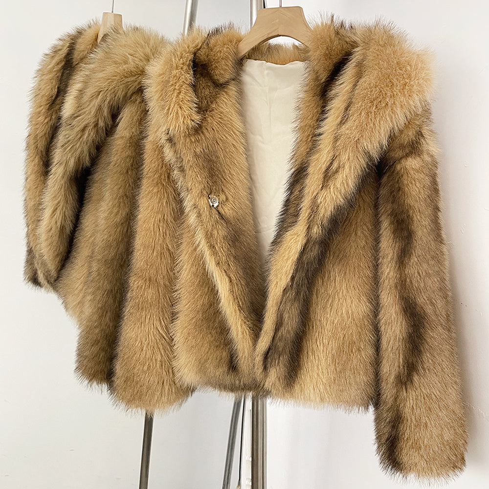 OFTBUY Luxury Hooded Faux Fur Jacket - Premium Vegan Silver Fox Style Cropped Winter Coat