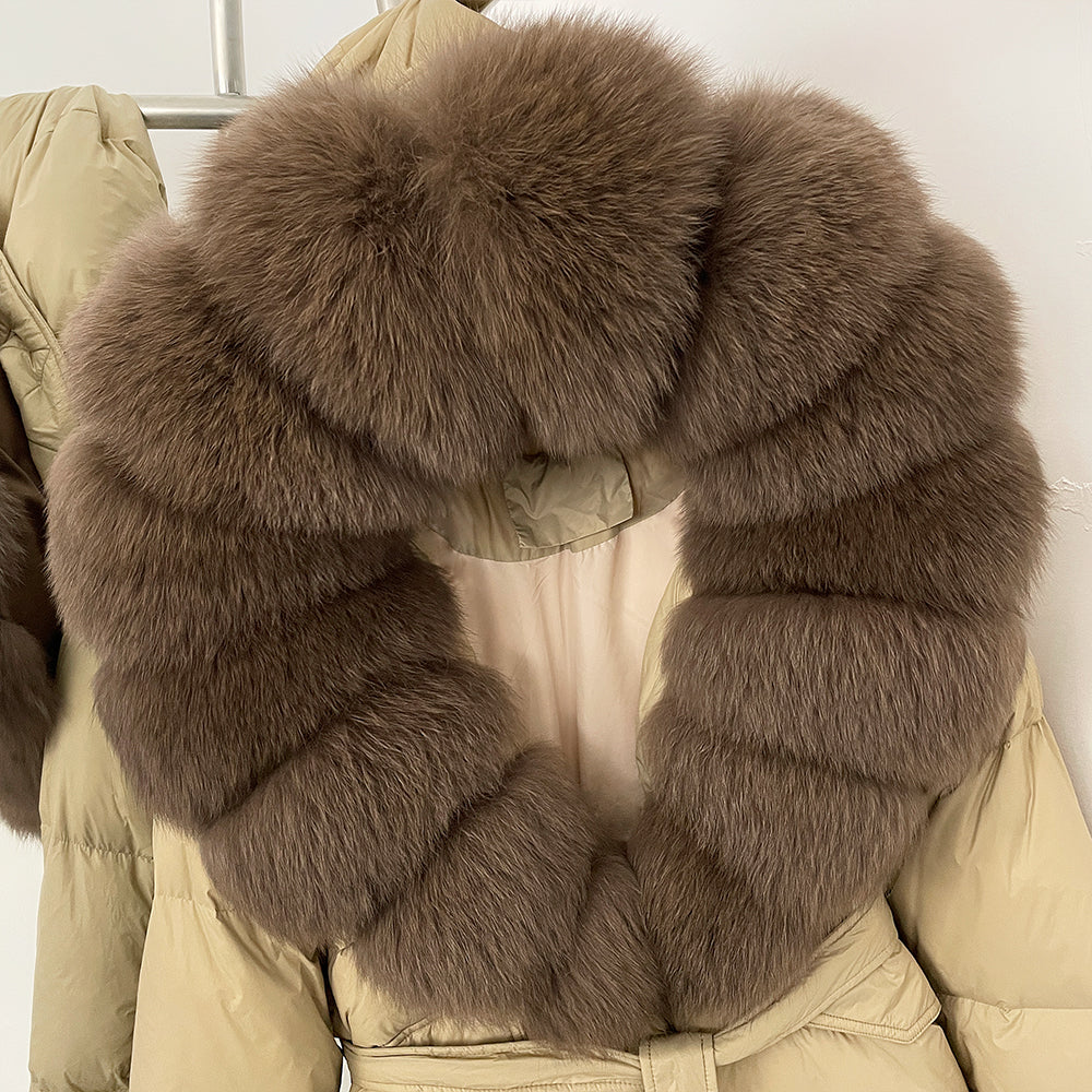OFTBUY Thick Warm Mid-Long Puffer Coat Real Fox Fur Collar White Duck Down Coat Female Loose Warm Hooded Parkas With Belt