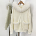 OFTBUY Zipper Pockets Warm Winter Fashion Casual Outerwear Sweater Female New Women's Knit Hoodie with Real Fox Fur Trim