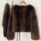 OFTBUY Luxury Collarless Faux Fur Jacket - Chic Short Fluffy Vegan Fur Coat for Women