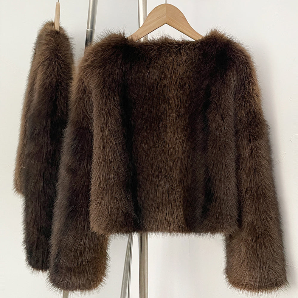 OFTBUY Luxury Collarless Faux Fur Jacket - Chic Short Fluffy Vegan Fur Coat for Women