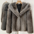 OFTBUY Luxury Hooded Faux Fur Jacket - Premium Vegan Silver Fox Style Cropped Winter Coat