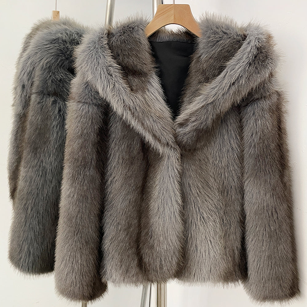 OFTBUY Luxury Hooded Faux Fur Jacket - Premium Vegan Silver Fox Style Cropped Winter Coat