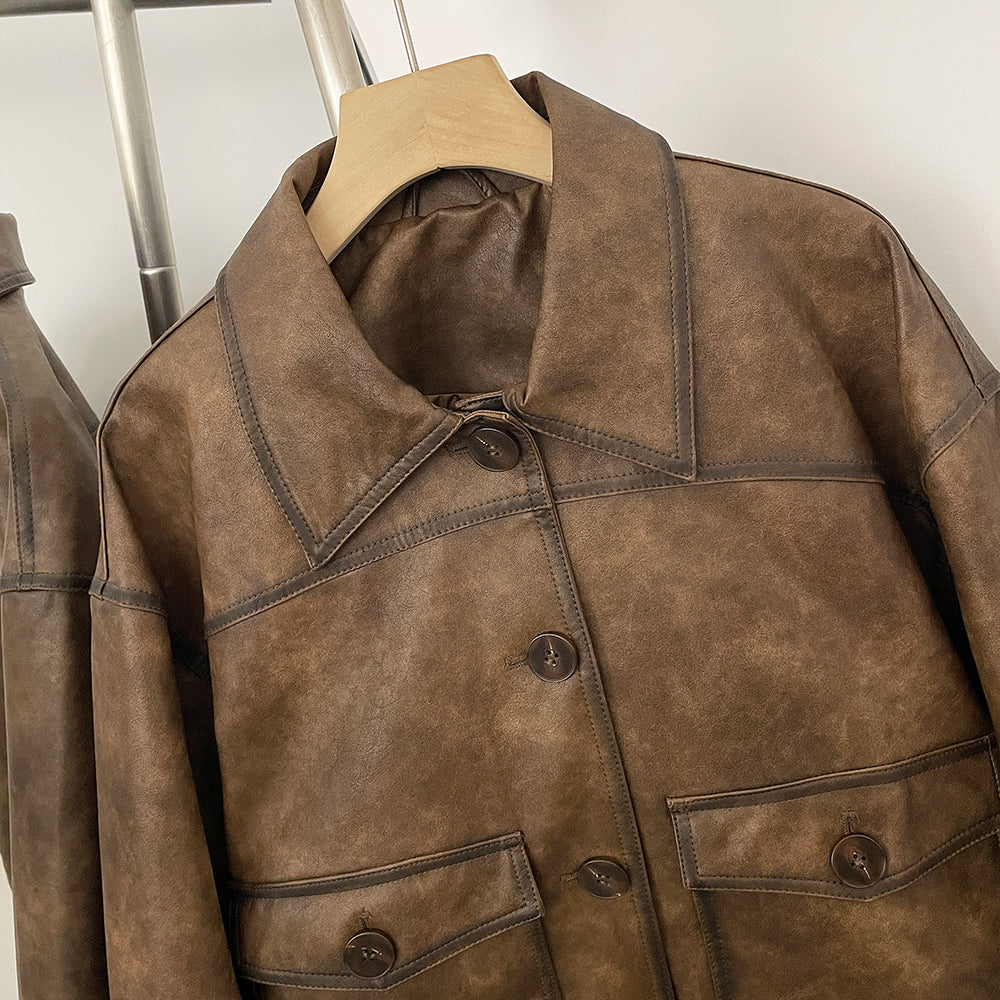 OFTBU Oversized Pockets Streetwear Fashion Outerwear Fake Leather Coat Female New Women's Vintage Washed Faux Leather Jacket