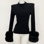 OFTBUY Luxury Mock Neck Ribbed Knit Top with Oversized 100% Real Fox Fur Cuffs