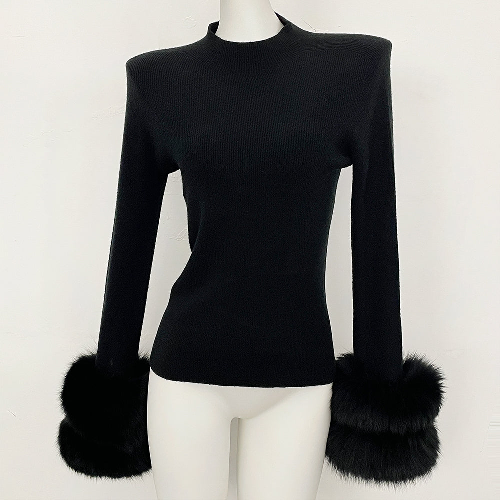 OFTBUY Luxury Mock Neck Ribbed Knit Top with Oversized 100% Real Fox Fur Cuffs