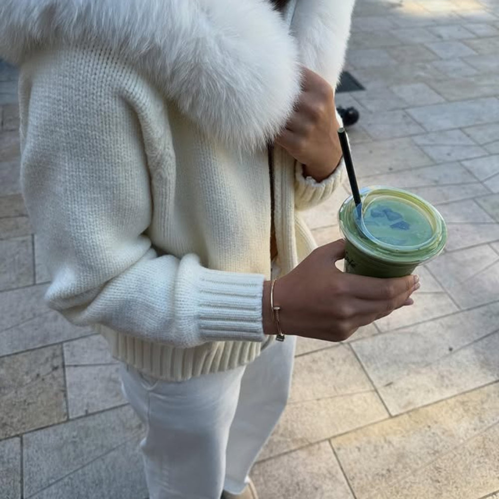 OFTBUY Luxury Knitted Zip-Up Hoodie with Oversized Real Fox Fur Hood - Premium Apres-Ski Luxe Loungewear