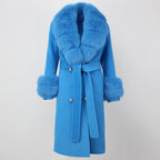OFTBUY Winter Jacket Women Long Natural Wool Blends Cashmere Real Fur Coat Double Breasted Belt Warm Streetwear New Fashion