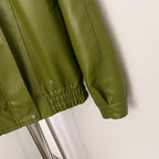 OFTBUY New Autumn Green Faux Leather Jacket Women Loose Long Sleeve Elastic Hem Biker Coat Female PU Leather Overcoat Outerwear