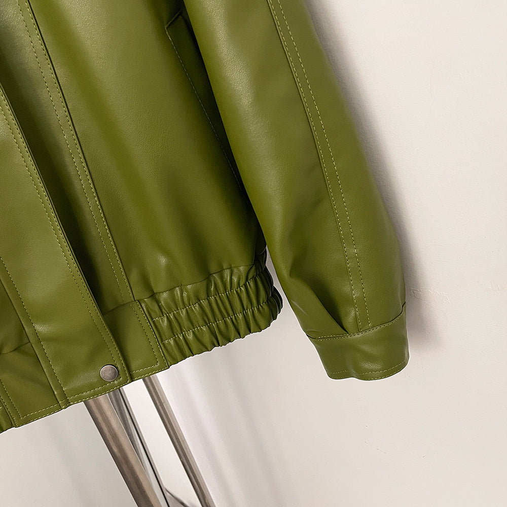 OFTBUY New Autumn Green Faux Leather Jacket Women Loose Long Sleeve Elastic Hem Biker Coat Female PU Leather Overcoat Outerwear