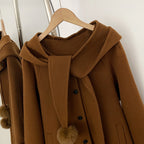 OFTBUY New Women's Hooded Wool Coat with Fur Pom Details Long Single Breasted Winter Warm Elegant Woolen Outerwear Female
