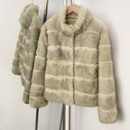 OFTBUY Women Horizontal Striped Real Rabbit Fur Coat Luxury Camel Fur Jacket with Stand Collar New Warm Winter Outerwear Female