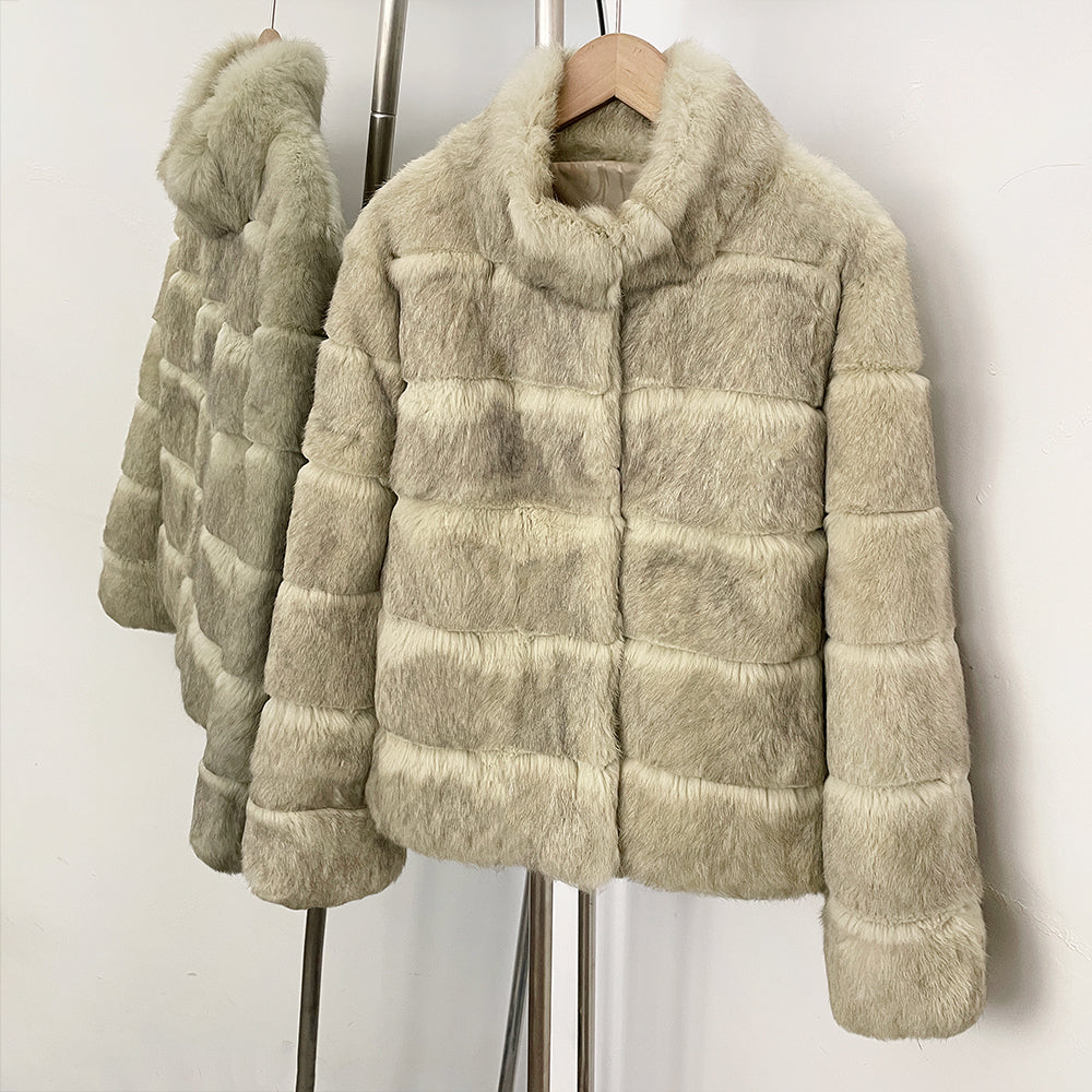OFTBUY Women Horizontal Striped Real Rabbit Fur Coat Luxury Camel Fur Jacket with Stand Collar New Warm Winter Outerwear Female