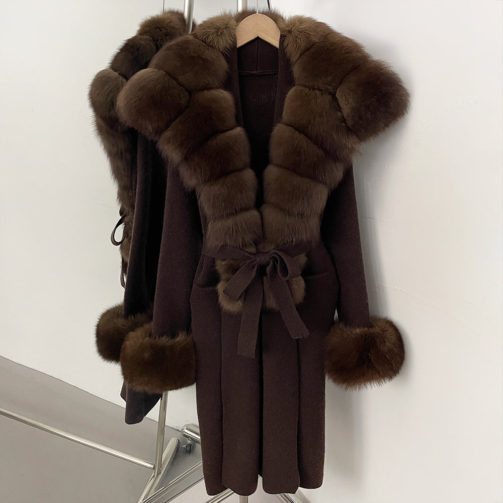 OFTBUY Fashion Warm Belt Real Fox Fur Cardigan New Natural Fur Collar Long Knit Jacket Women Atrumn Winter Top Clothing Female