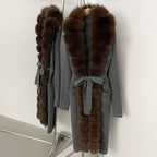 OFTBUY New Women's Knit Long Coat with Full Real Fox Fur  Belted Pockets Warm Winter Elegant Fashion Outerwear Cardigan Sweater