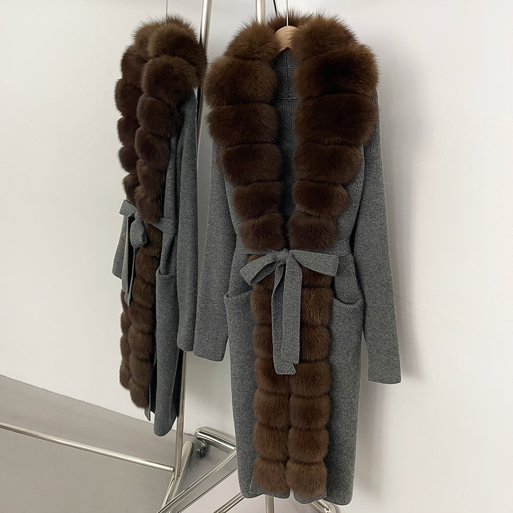 OFTBUY New Women's Knit Long Coat with Full Real Fox Fur  Belted Pockets Warm Winter Elegant Fashion Outerwear Cardigan Sweater