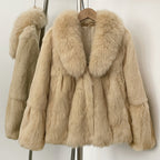 OFTBUY Natural Rabbit Fur Coat Female New Thickened Warm Top Clothing Women Fashion Fluffy Real Fox Fur Collar Jacket Lady