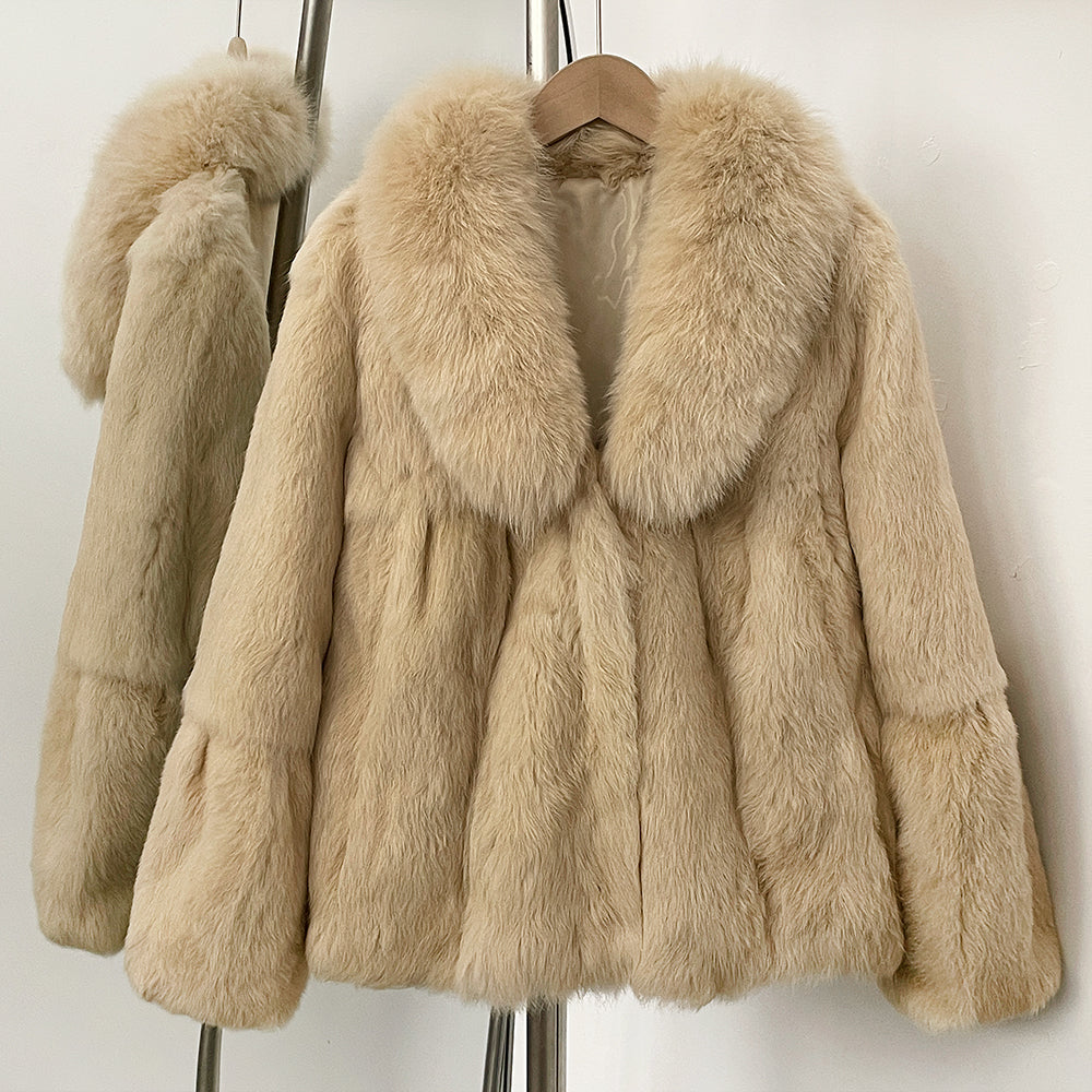 OFTBUY Natural Rabbit Fur Coat Female New Thickened Warm Top Clothing Women Fashion Fluffy Real Fox Fur Collar Jacket Lady