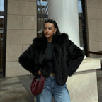 OFTBUY Luxury Oversized Lapel Faux Fur Jacket - Chic Short Vegan Fur Coat for Winter Glamour