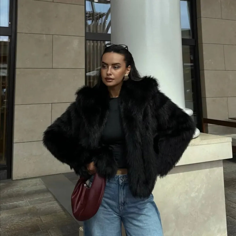 OFTBUY Luxury Oversized Lapel Faux Fur Jacket - Chic Short Vegan Fur Coat for Winter Glamour