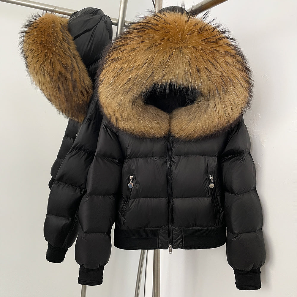 OFTBUY Big Natural Raccoon Fur Fluffy Puffer Jacket Women Knit Cuff Real Fur Collar White Duck Down Coat New Winter Top Clothes
