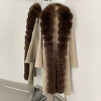 OFTBUY 2025 New Women's Knit Coat with Full Real Fox Fur Trim Belted Warm Winter Elegant Fashion Outerwear Female Long Sweater