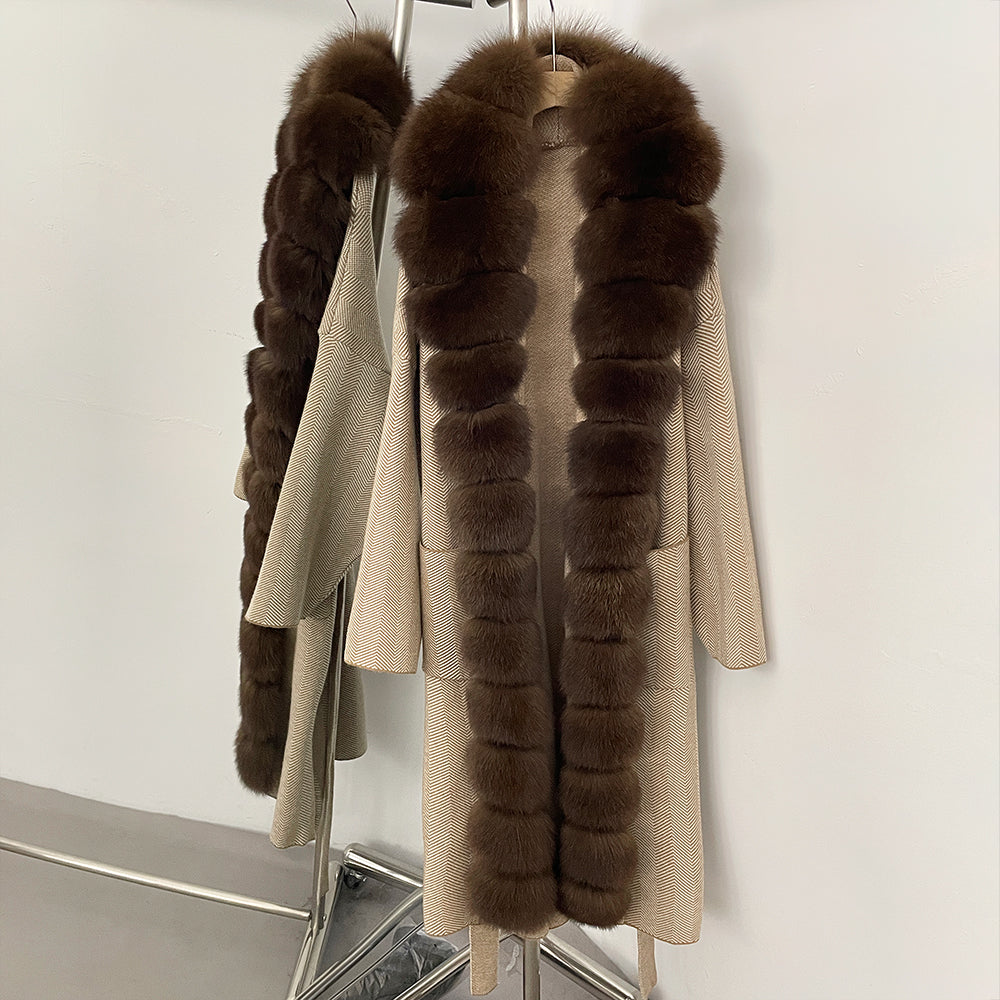 OFTBUY 2025 New Women's Knit Coat with Full Real Fox Fur Trim Belted Warm Winter Elegant Fashion Outerwear Female Long Sweater