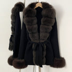 OFTBUY Belt Textured Knit Warm Winter Luxury Outerwear Female Sweater Cardigan New Women's Knit Coat with Large Real Fox Fur
