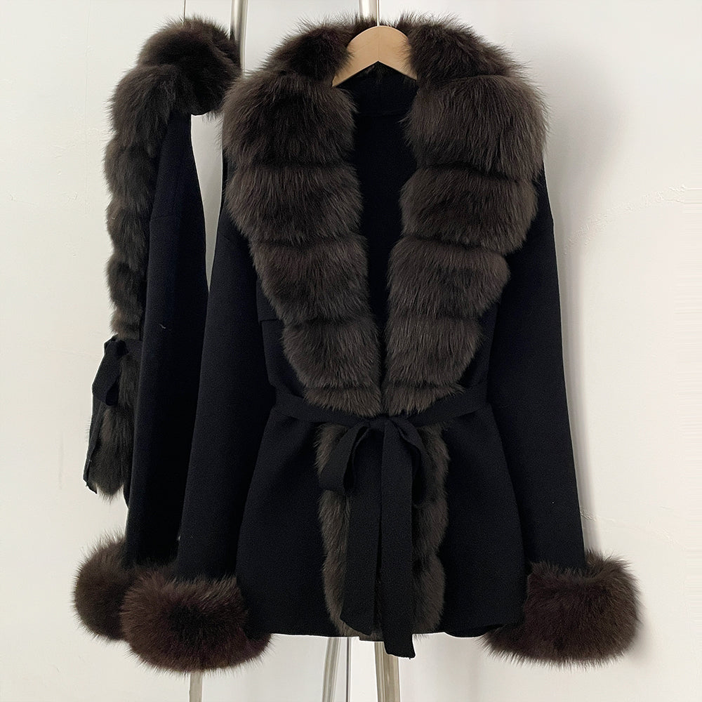 OFTBUY Belt Textured Knit Warm Winter Luxury Outerwear Female Sweater Cardigan New Women's Knit Coat with Large Real Fox Fur