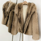 OFTBUY Luxury Hooded Faux Fur Jacket - Premium Vegan Silver Fox Style Cropped Winter Coat