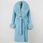 OFTBUY Winter Jacket Women Long Natural Wool Blends Cashmere Real Fur Coat Double Breasted Belt Warm Streetwear New Fashion