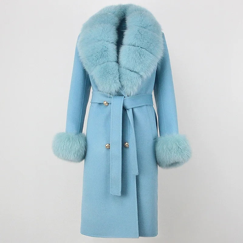 OFTBUY Winter Jacket Women Long Natural Wool Blends Cashmere Real Fur Coat Double Breasted Belt Warm Streetwear New Fashion