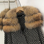 OFTBUY Women's Real Fox Raccoon Fur Collar Houndstooth Knit Cardigan Warm Winter Sweater Coat Female Luxury Elegant Outerwear