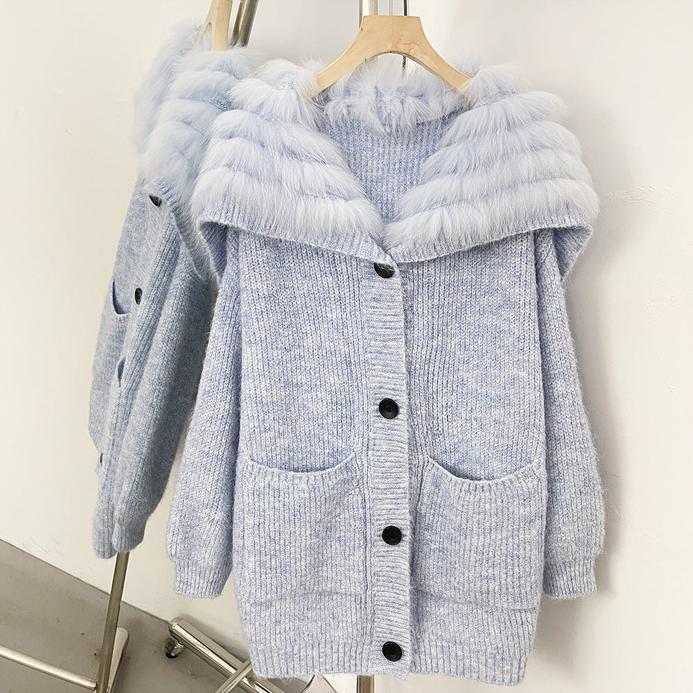 OFTBUY Sweater Femlae Button Pockets Warm Winter Luxury Outerwear New Women's Knit Cardigan with Large Real Fox Fur Collar