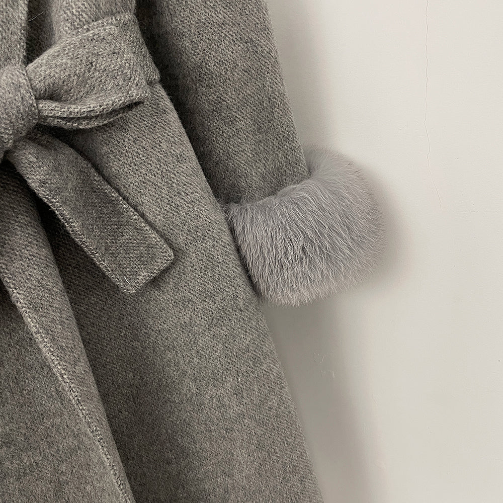 OFTBUY New Women's Double-Faced Wool Coat with Real Fox Fur Cuffs Belted Warm Winter Elegant Fashion Outerwear Wool Jacket Lady