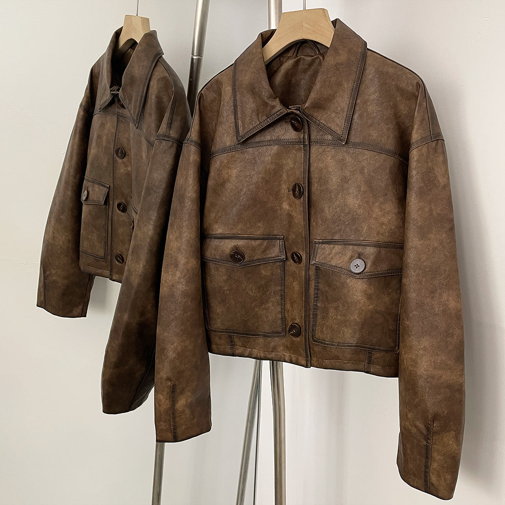 OFTBU Oversized Pockets Streetwear Fashion Outerwear Fake Leather Coat Female New Women's Vintage Washed Faux Leather Jacket